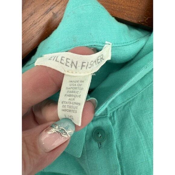 Eileen Fisher Shirt 100% Organic Irish Linen ButtonFront A Line Tunic Aqua LARGE - Picture 9 of 13